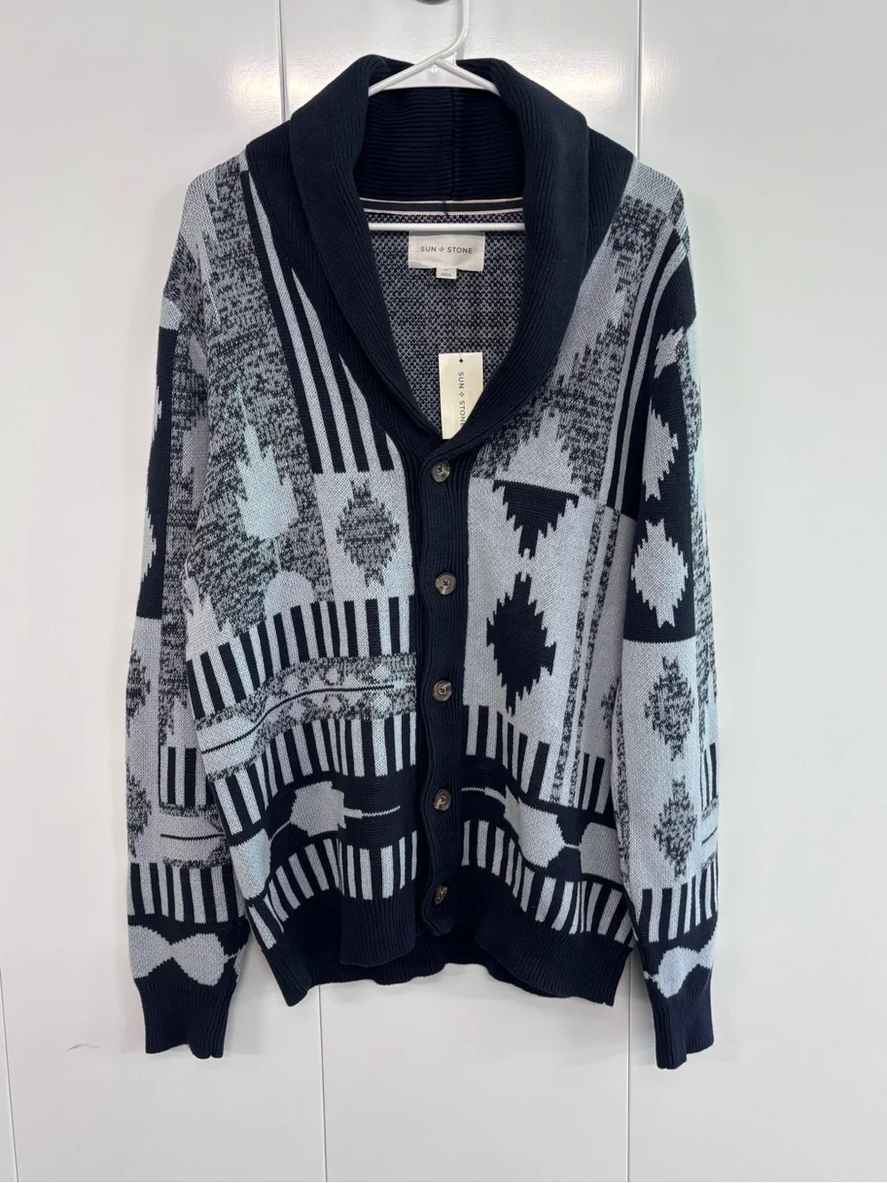 Sun+Stone Mens M Navy Blue Geometric Pattern Shawl Collar Cardigan Sweater NWT